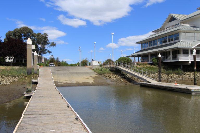 View of boat ramp from wooden walkway at Petaluma Marina