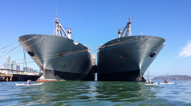 Two large ships loom over kayakers just under their bows