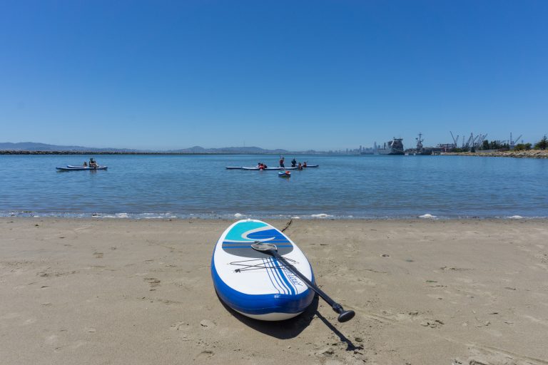 A blue and white standup paddle board with paddle parked on the beach while people paddle around in the water.