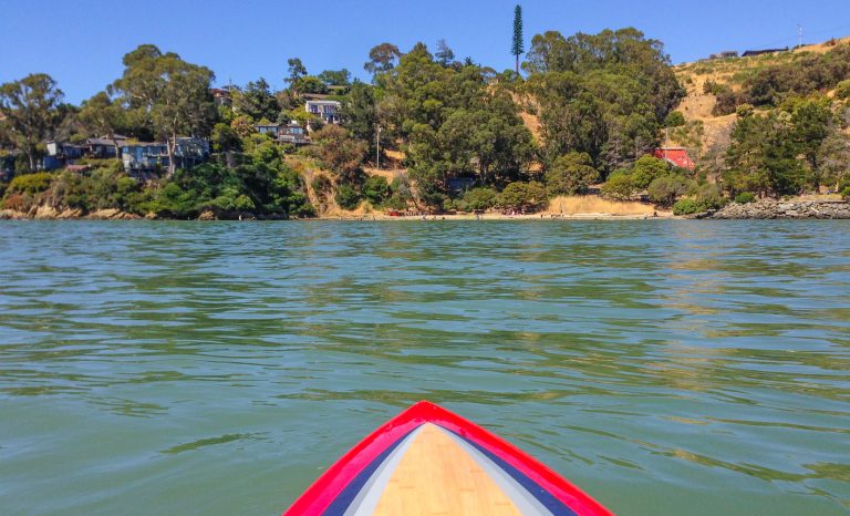 View from kayak with tip in foreground, water and shoreline beyond